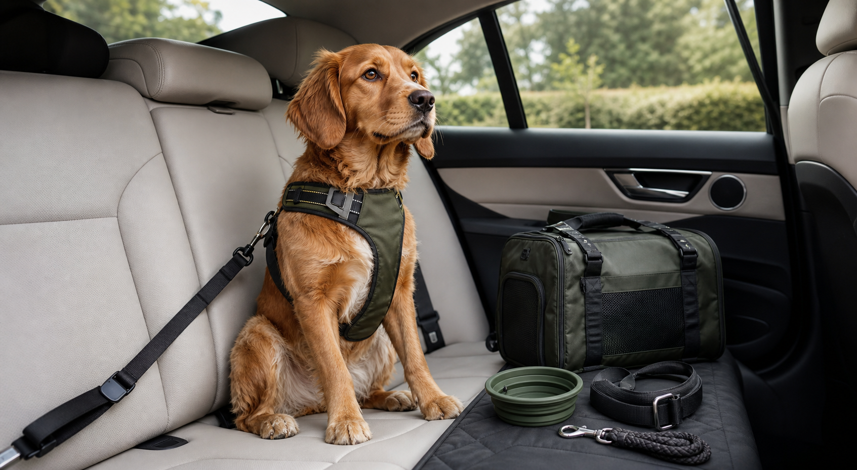 Dog wearing a travel harness in the back seat of a clean car with dog travel gear nearby